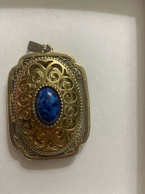 Vintage Avon Gold-Tone Filigree Pendant with Blue Cabochon